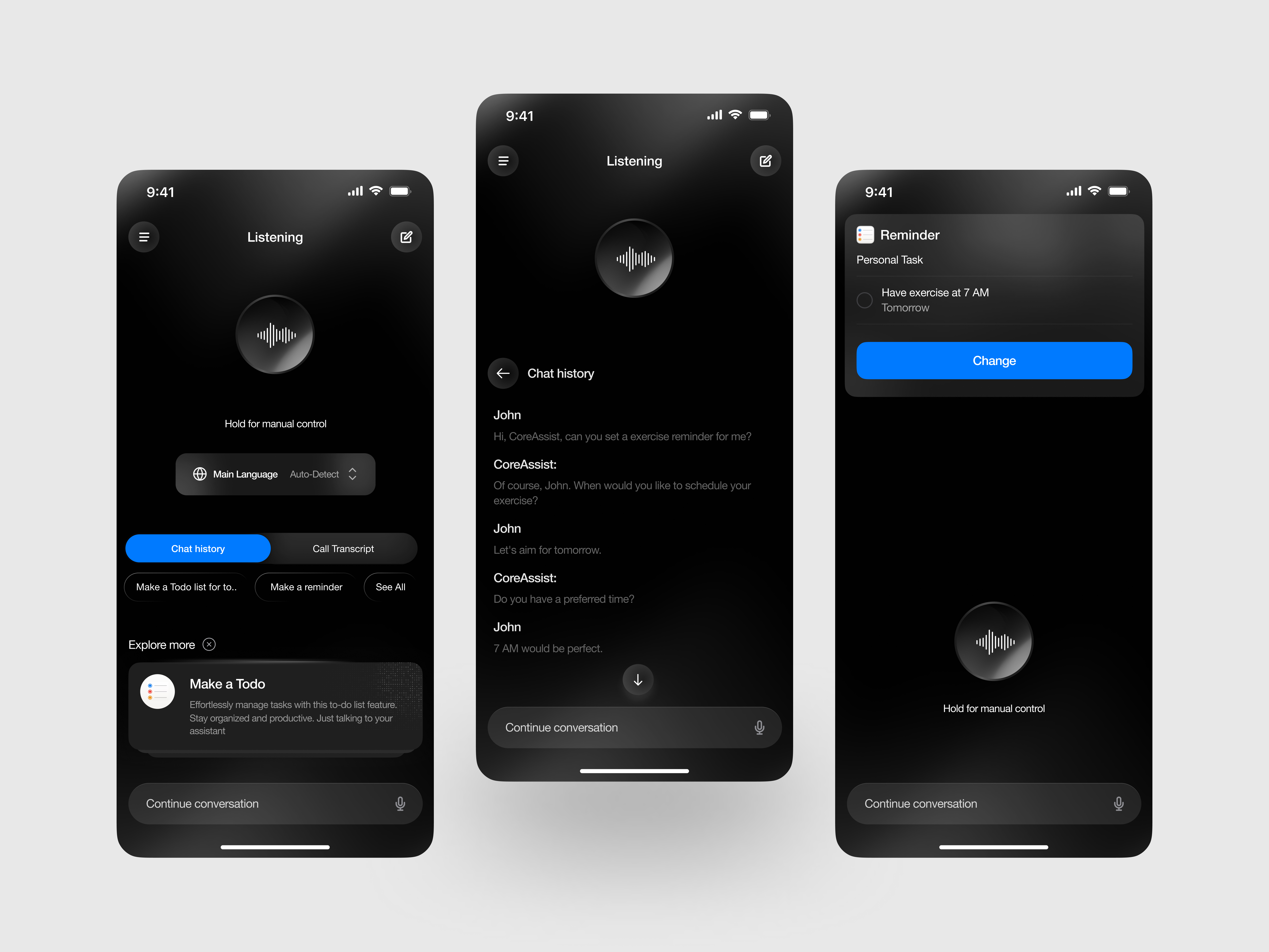 Smart AI Reminder App | CoreAssist App Design ai assistant ai voice ai voice recognition app app app design app intreface artificial intellingence dark mode interface ios app mobile mobile app mobile app design mobile application product design saas uiux voice assistant app