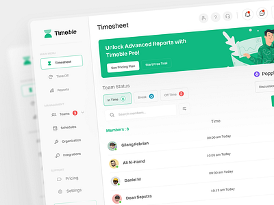 Timeble — Smart Time Tracking for Remote Teams Dashboard 2d 3d branding dashboard design dujima dujimastudio figma graphic design green illustration jibble logo motion graphics saas ui uidesign uiux website