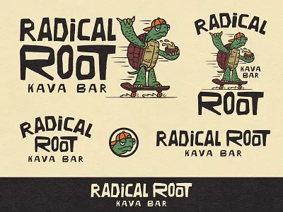 Radical Root bar bar logo beverage logo branding florida graphic design illustration kava logo logo design skate skateboarder skater summer surf turtle