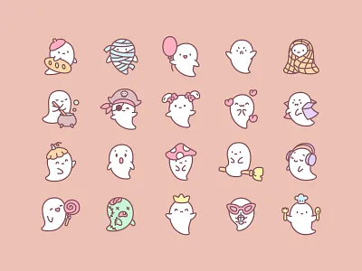 Kawaii halloween ghosts icon set 2d autumn character child costume cute doodle funny ghost halloween holiday icon illustration kawaii little party scary set sticker vector