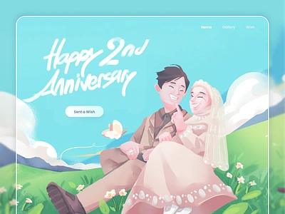 Anniversary Landing Page Illustration ❤️ anniversary celebrate ceremony character couples daisy daisy flower endless love hug illustration kiss landing page love love language married mountain scene ui wedding wife