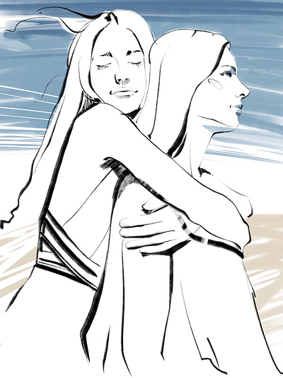 Hugs blue girls illustration life stile portrait sketch watercolor
