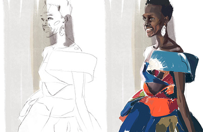Fashion sketch art blue digital portrait fashion illustration nahd drowing red sketch