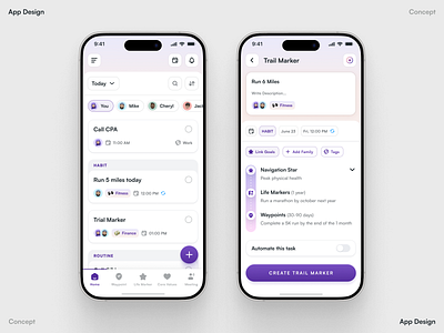 Trail Marker - Habit & Goal Tracking App UI Concept app app design clean figma fitness app goal tracking habit tracker ios lifestyle app minimal design mobile design product design productivity productivity app purple ui ui ux design uiux ux waypoint