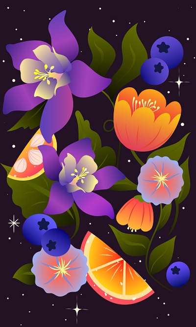 "Midnight Garden" art artistsondribbble artwork botanicalart colorfulart colors design designinspiration dribbble floral flowerart graphic design illustration illustrator vectorart