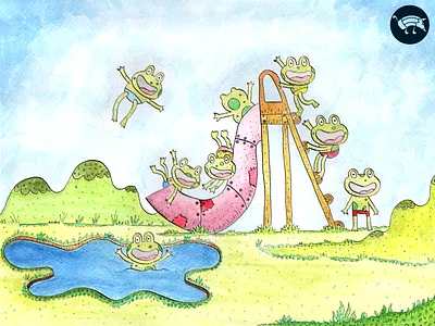 The new water slide colorful fantasy frogs hand drawn handmade illustration inks pencildog pond traditionalart water slide watercolors