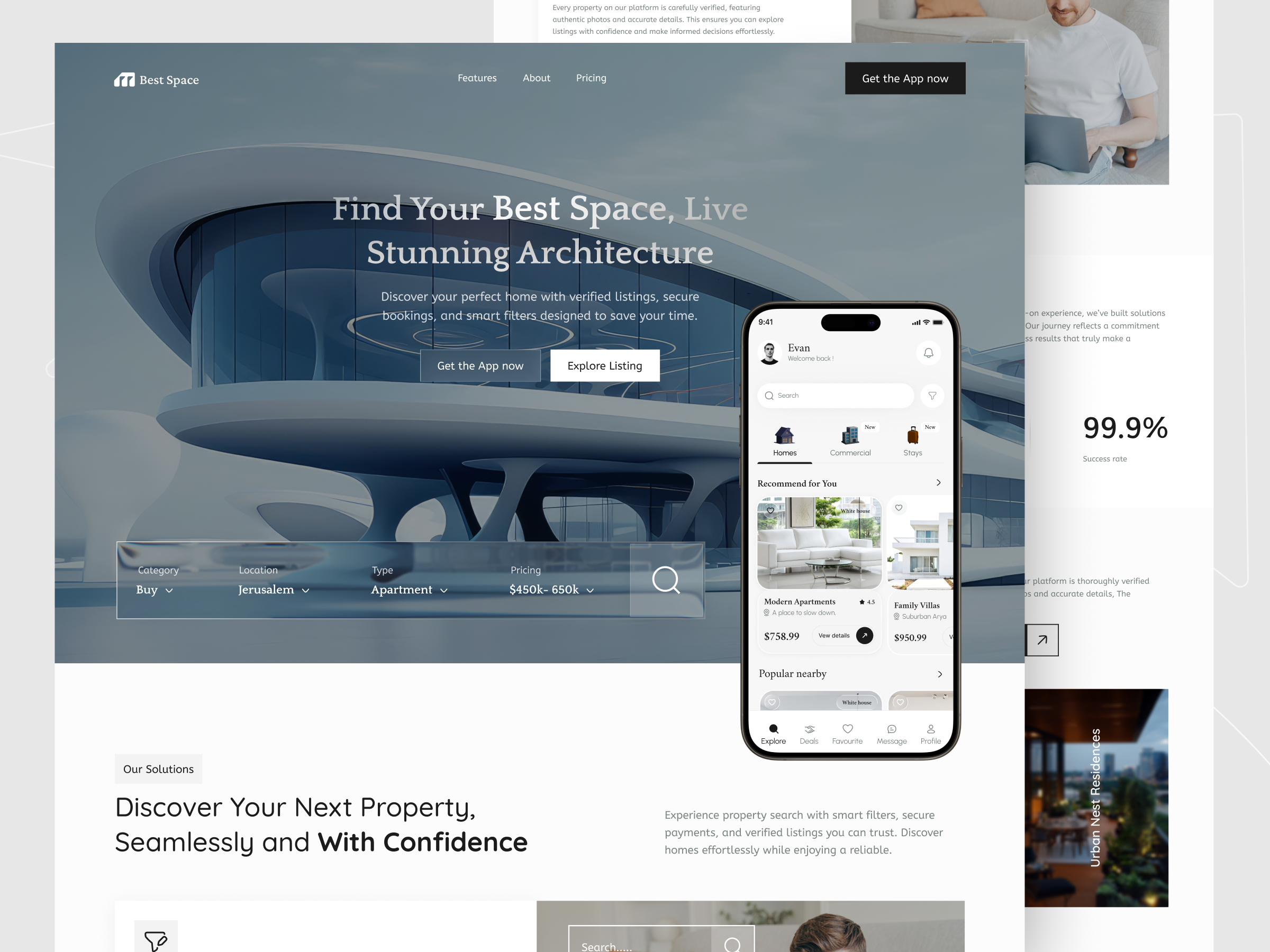 Real Estate App Landing Page UI ai website app clean landing page clean website home finder ui landing landing page landing page design luxury landing modern property search ui real estate realestate ui ui designer ux webpage website