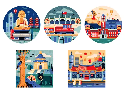 Taiwan Travel Scenes asia asian badges buddha china flat design icons illustration patches taiwan travel vector