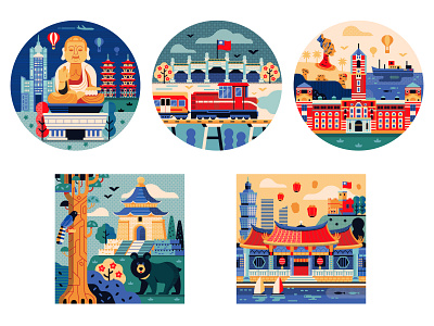 Taiwan Travel Scenes asia asian badges buddha china flat design icons illustration patches taiwan travel vector