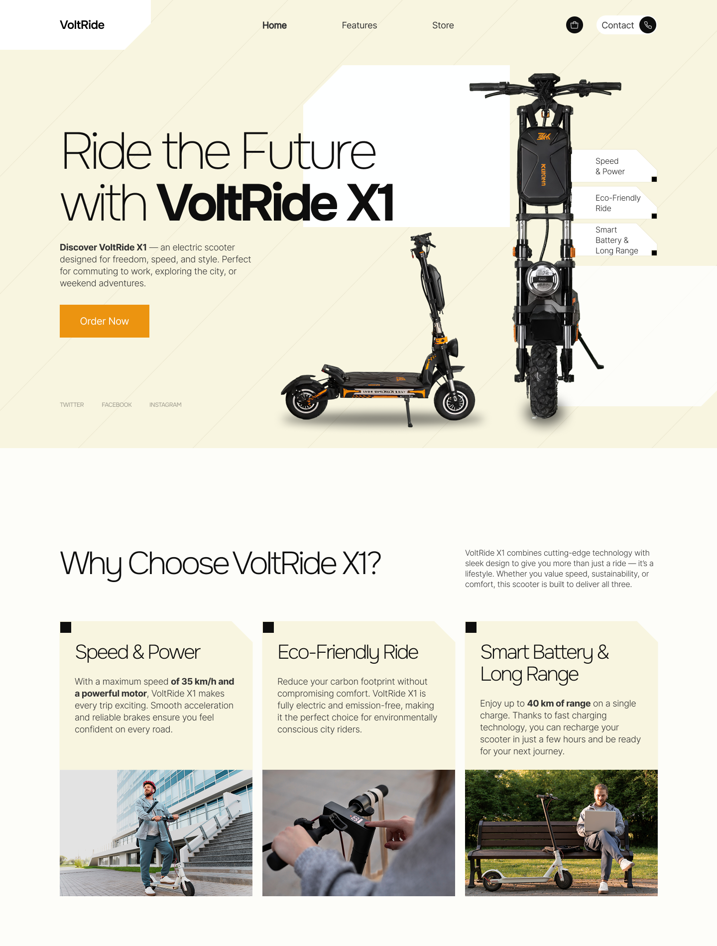 Concept for an electric scooter landing page. landing page web design