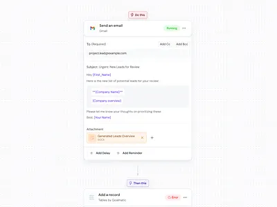 Workflow Builder - Send an Email ai automation email automation enterprise no code process automation saas ui ux design workflow