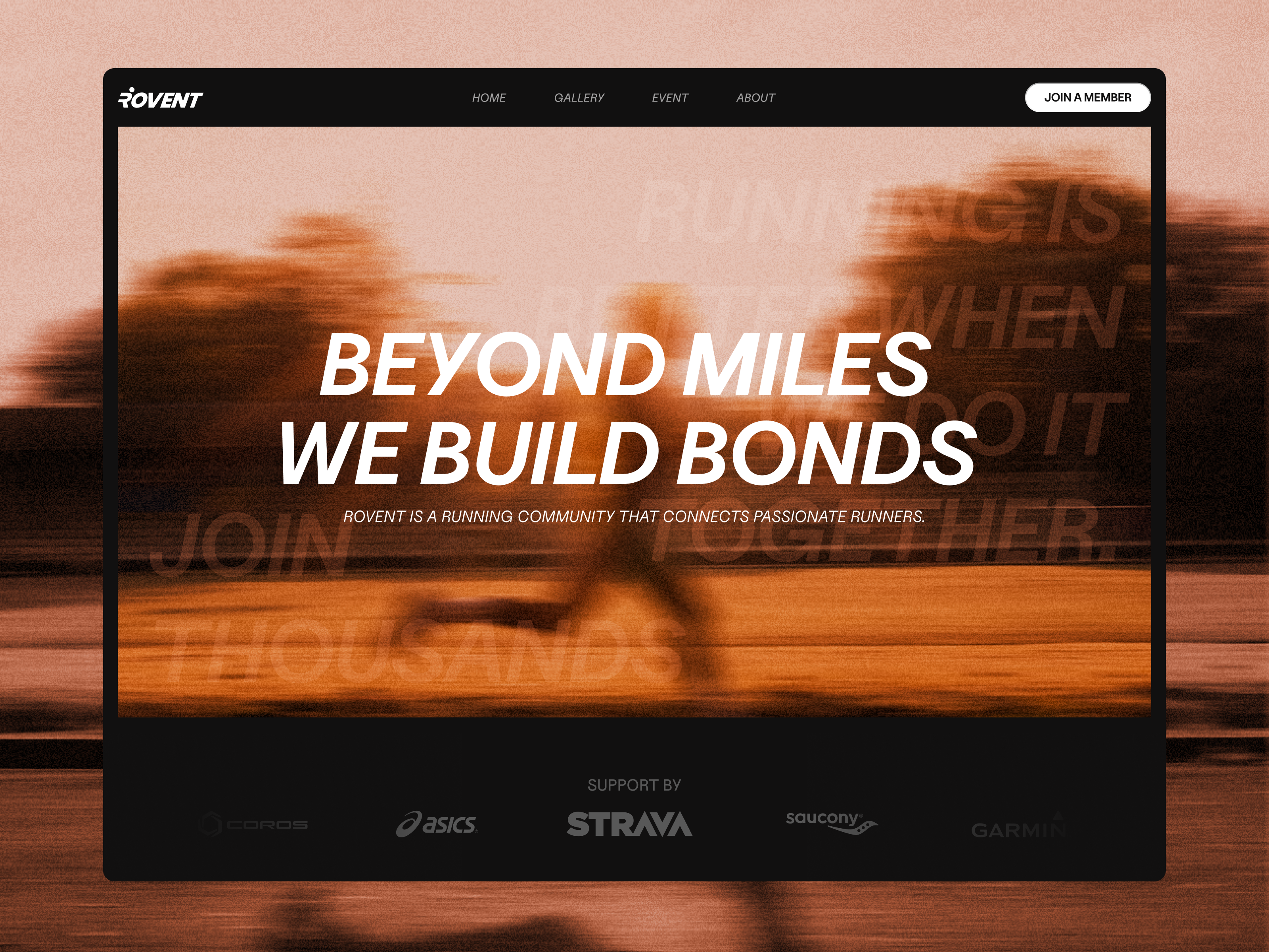 Rovent - Running Landing Page community landing page emura emura studio fitness landing page galangandhika graphic design health and fitness lifestyle design logo minimal landing page modern website runners club running community running design running website sports design sports webiste ui uiux design visual identity