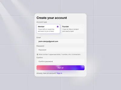 Create Account – Sign-Up Form UI design app card ui design interface product service startup ui ux web