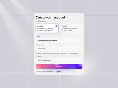 Create Account – Sign-Up Form UI design app card ui design interface product service startup ui ux web