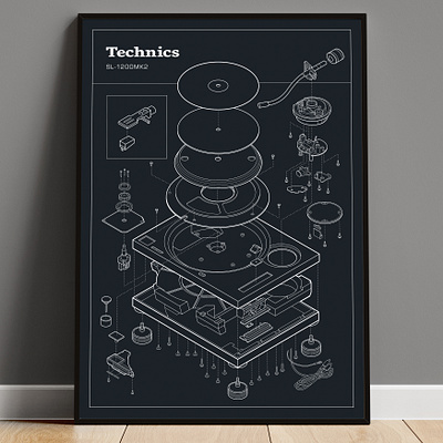 Technics 1200MK2 - Schematic Poster etsy illustration isometric schematic technical