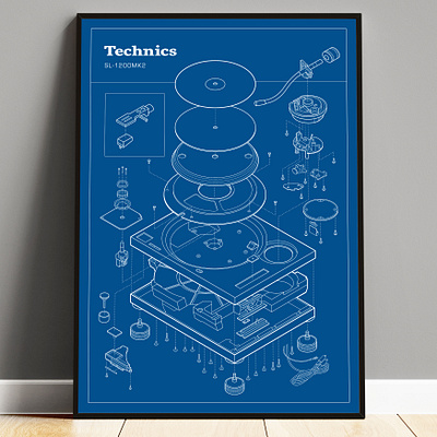 Technics 1200MK2 - Schematic Poster blueprint style cutaway drawing engineering design exploded view infographic instruction manual isometric drawing line illustration mechanical illustration process diagram product visualization schematic diagram technical illustration technics vector art