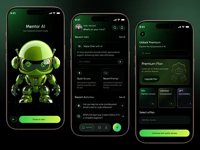 Mentor AI – Smart Learning & Chatbot Assistant Mobile App ai ai app ai assistant ai chat ai chat bot app design chat app chat bot chatbot design e learning learning app mentor ai mobile mobile app mobile app design modern ui personal growth smart learning student app ui gradient