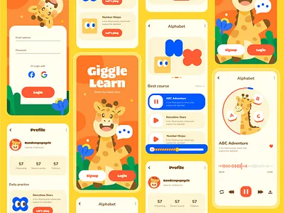 Giggle Learn – Educational Learning App for Kids branding character design ecourse app education app educational app game game design game ui ux graphic design illustration kid game learn app learning app ui ui ux