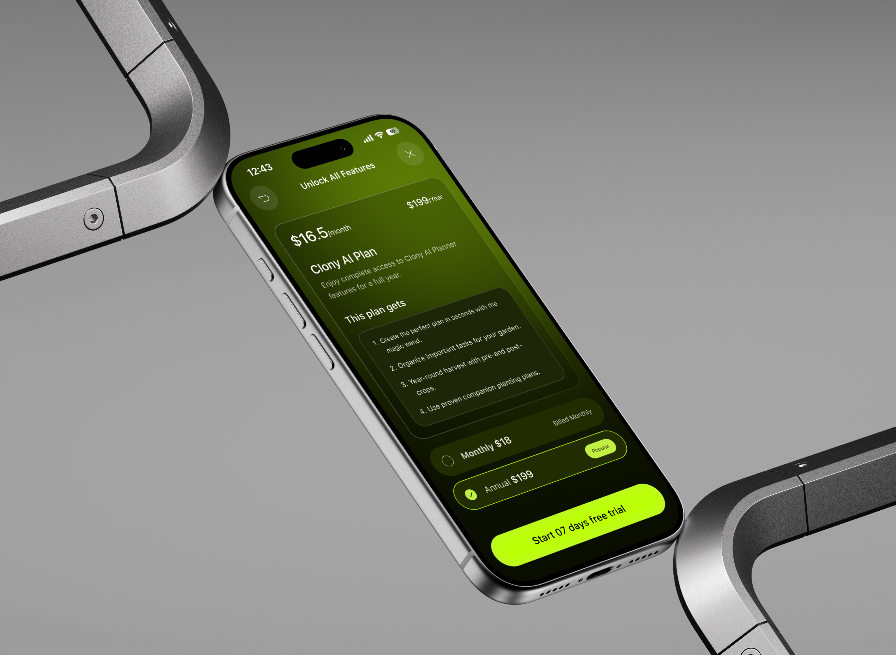 Clony AI - Subscription Plan Screen aiapp appsubscription appui clonyai creativeapp mobileappdesign modernui planscreen premiumplan pricingscreen subscriptionui uidesign uxdesign uxinspiration