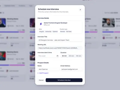 Schedule Interview modal - hiring app agent agentic ai assistant company dashboard design system hiring interview job jobs modal product design schedule ui ux