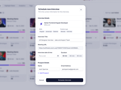 Schedule Interview modal - hiring app agent agentic ai assistant company dashboard design system hiring interview job jobs modal product design schedule ui ux