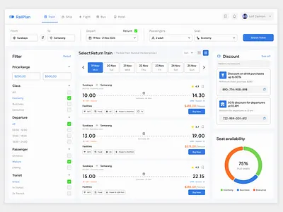 RailPlan – Train Ticket Booking Dashboard ai agents ai agents landing page app booking flow branding design graphic design illustration logo modern ui design passenger experience railway ui seat selection ticket reservation system train booking dashboard transportation dashboard travel management travel planner ui vector