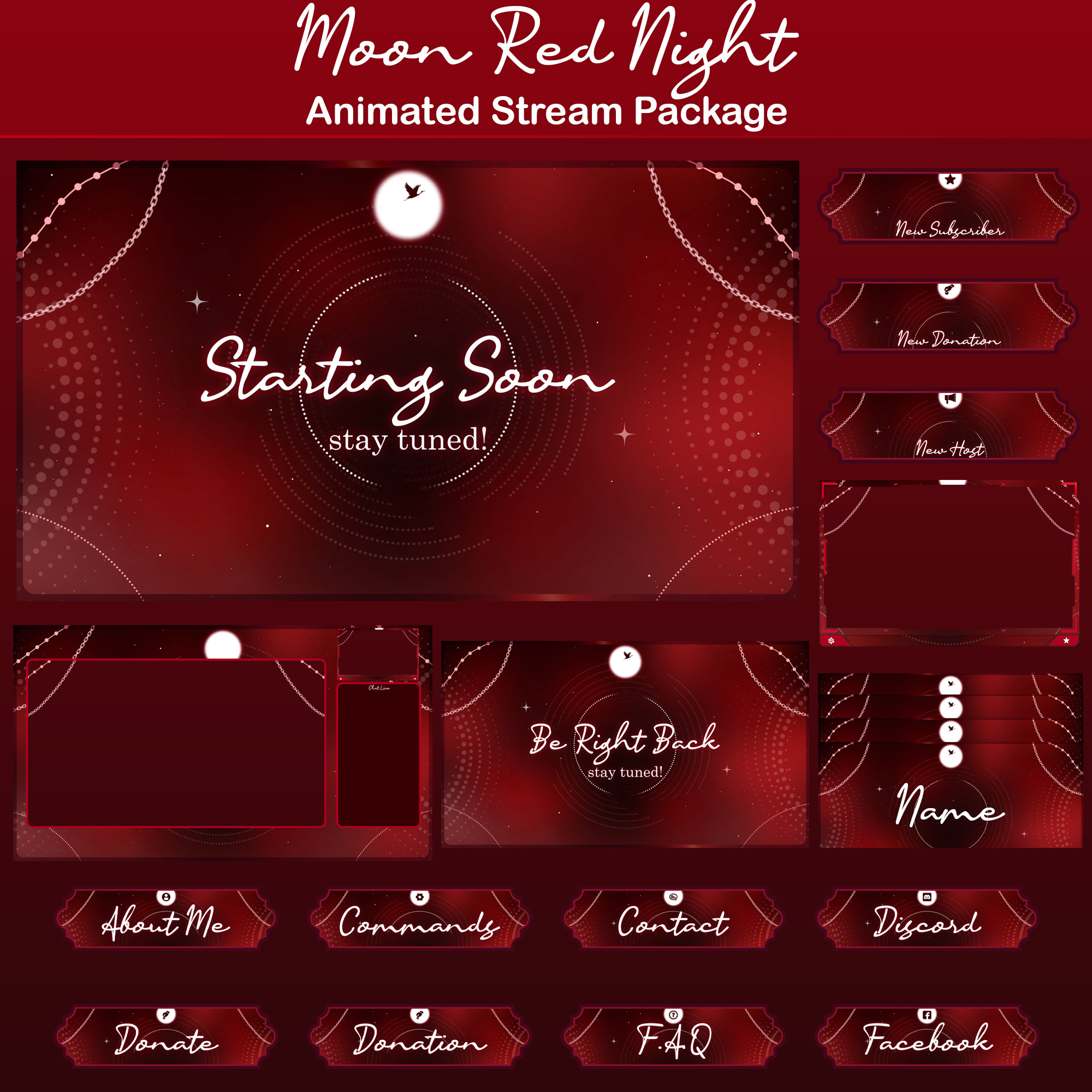 Moon Red Night Animated Stream Package: For Streaming Overlay animated pack stream animated screens kick overlay kick screens kick stream animated overlay livestream overlays pack stream overlay sakura stream overlay stinger transition stream stream overlay stream pack streaming streamlabs twitch twitch design twitch overlay