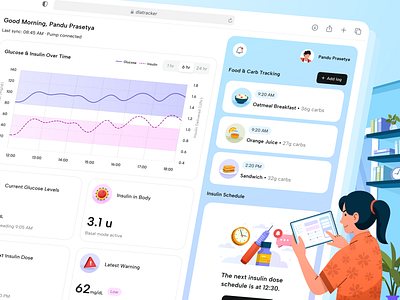 Diatracker – Real-Time Glucose & Insulin Dashboard 📊 alerts analytics clean diabetes glucose health healthcare illustration insulin iot logs modern monitoring nutrition orely saas ui ux webapp