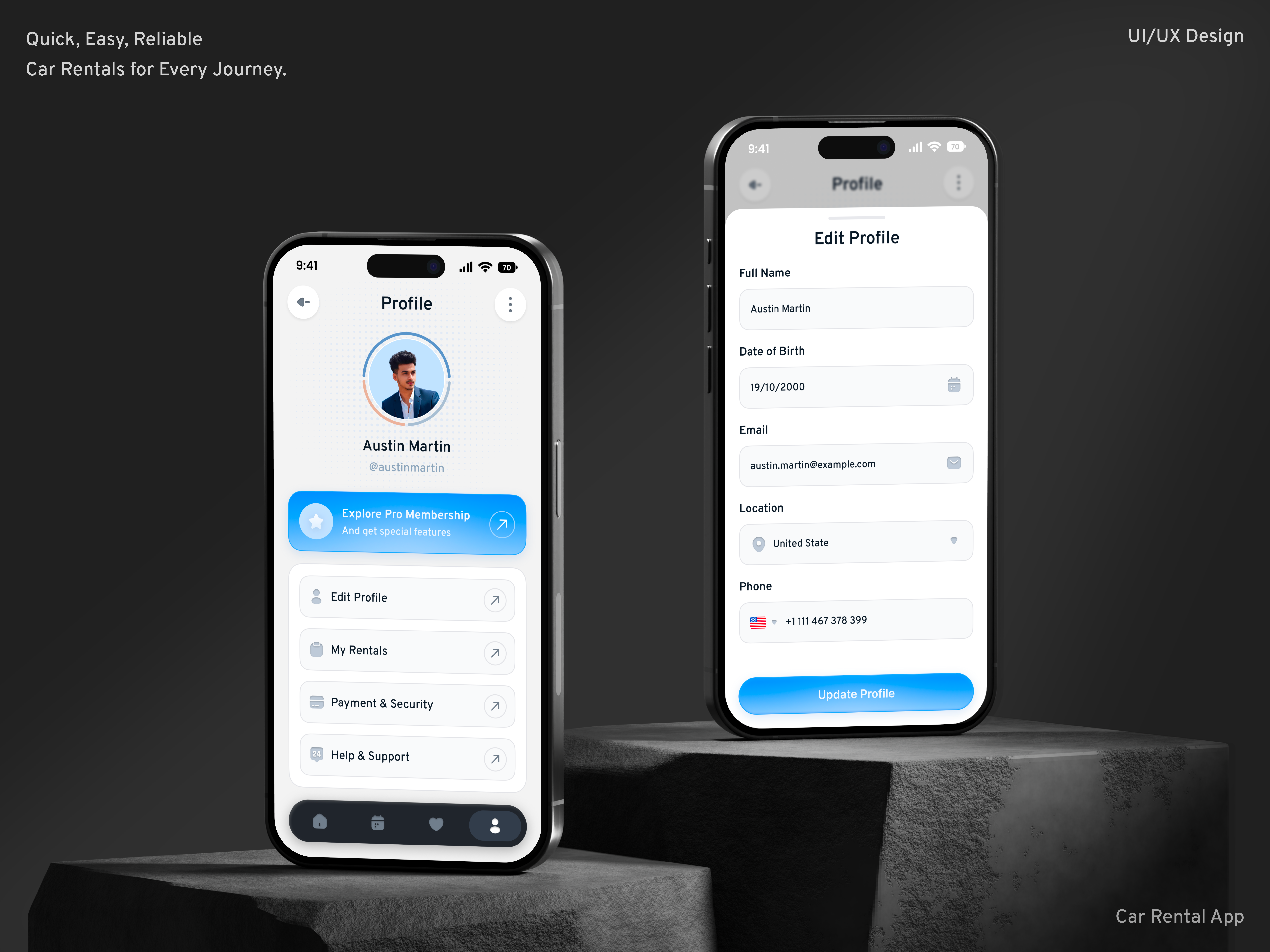 Car Rental Mobile App - Profile / Edit Profile Screen account settings android app app design app uix car rental app clean ui dashboard edit profile ios app minimal design mobile app mobile ui profile screen rental app settings screen uiux design user experience user interface user profile vehicle rental