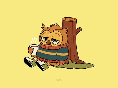 Sleepy Owl Cartoon Character autumn branding cartoon cartoon character character cartoon character design coffee design graphic design illustration logo owl playful sleepy turkey vector