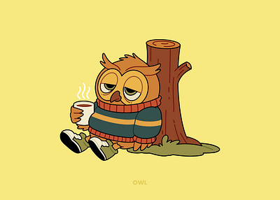 Sleepy Owl Cartoon Character autumn branding cartoon cartoon character character cartoon character design coffee design graphic design illustration logo owl playful sleepy turkey vector