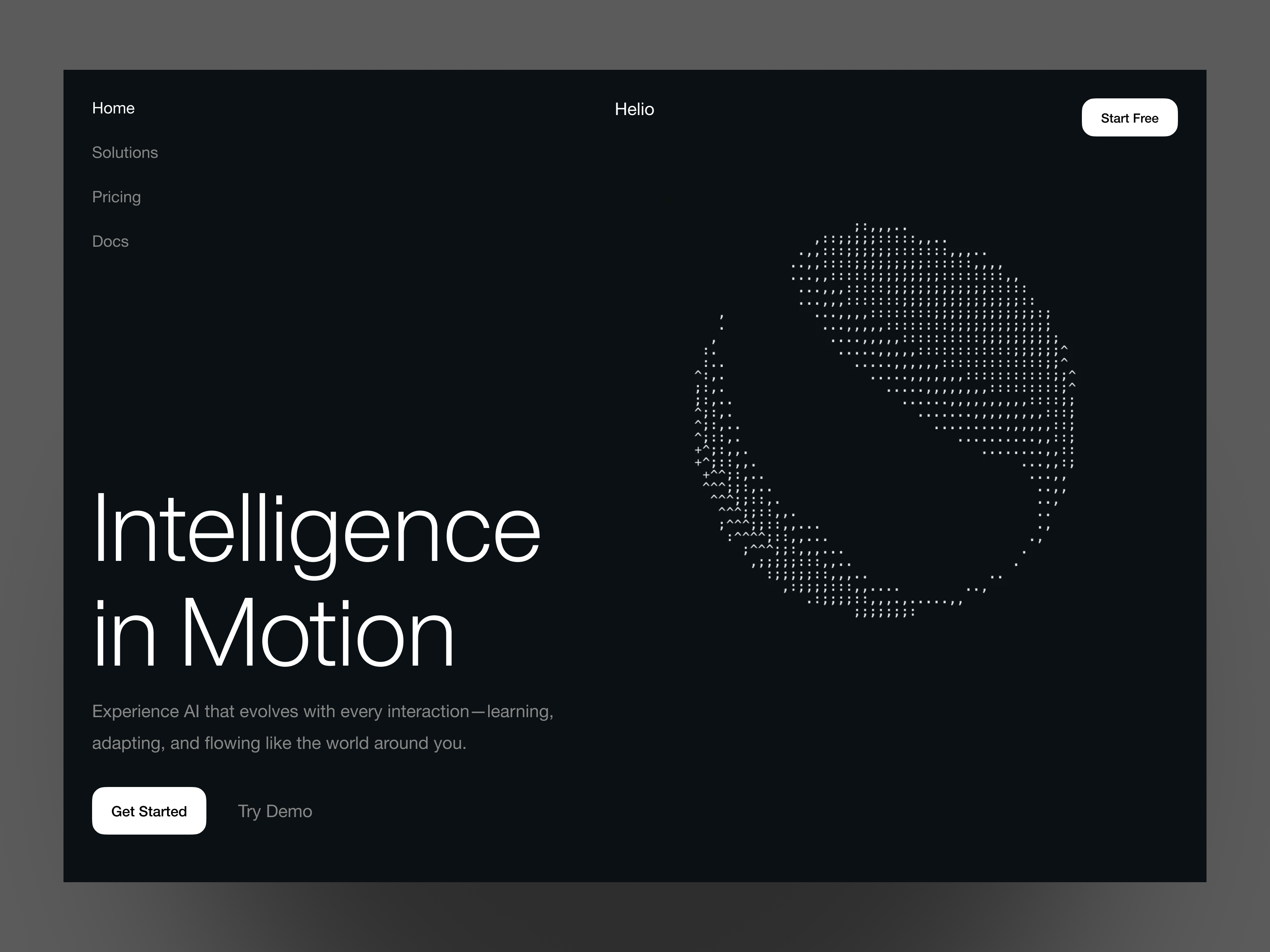 Helio - AI Website Hero Exploration ai animation ascii clean clean ui dark dark mode dark ui dark web dark website design futuristic minimalist ui modern orb ui design ui ux web web ai website