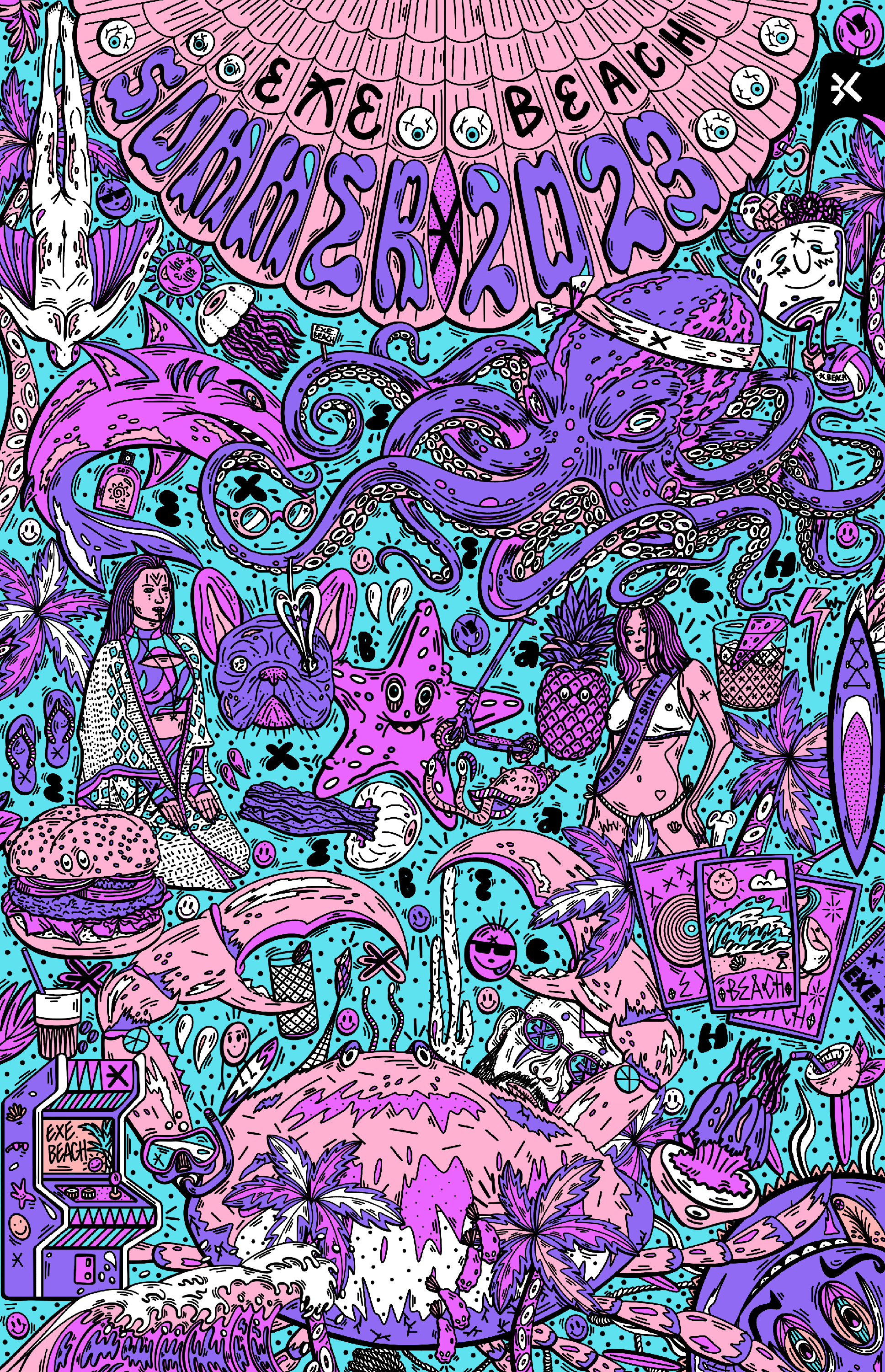 EXE BEACH OPENING WEEK SEASON3 animation banner beach beach towel branding design exe graphic design illustration motion graphics noir77 poster spider towel trapers