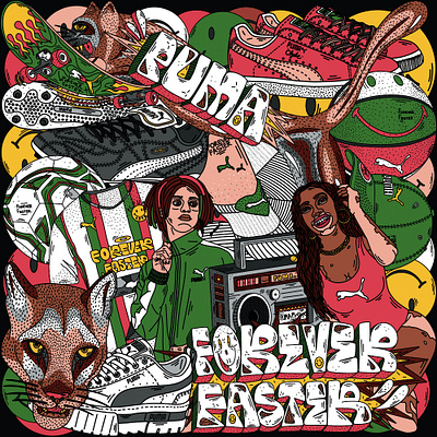 PUMA STORE branding decor design family fashion foreverfaster graphic design illustration noir77 puma stickers store trapers
