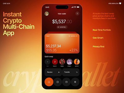 Instant Crypto Multi-Chain App animated mobile app animation crypto app design crypto wallet design dark mode app defi wallet exchange app ui modern app ui motion ui multi chain app ui design ux design