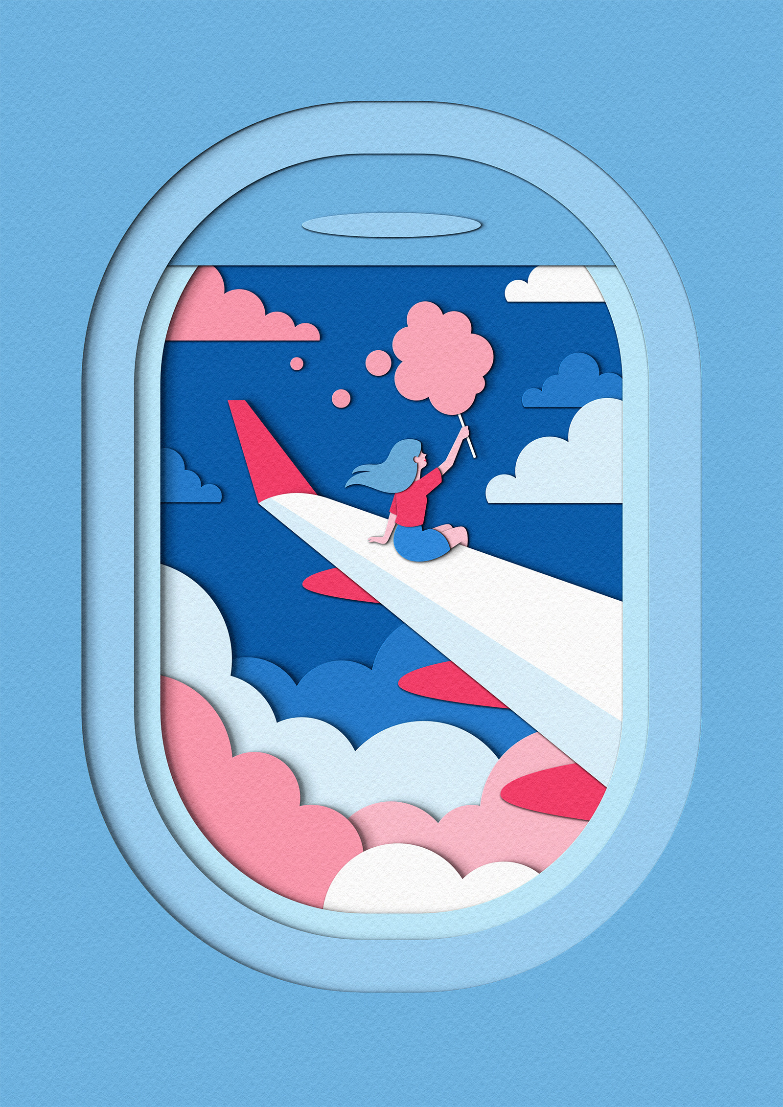 Flights of Fancy advertising book cover candy floss clouds conceptual design editorial flight illustration magazine paper craft people plane view window wing