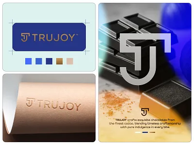TRUJOY - Logo Design blue cacao chocolate craft eat food freelance logo designer gold identity design jeroen van eerden joy logo logos luxurious modern branding modern logo monogram tj true trujou