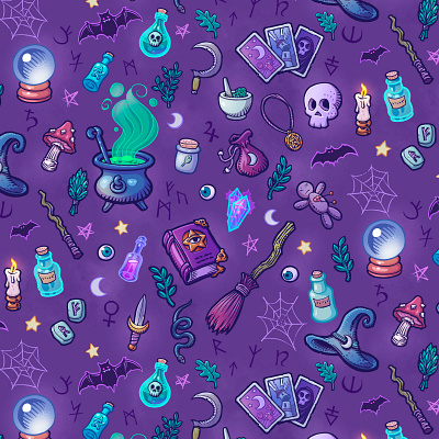 Cutecraft Witch Things Pattern Design cartoon illustration digital art fantasy art ill illustration pattern design surface design wrapping paper