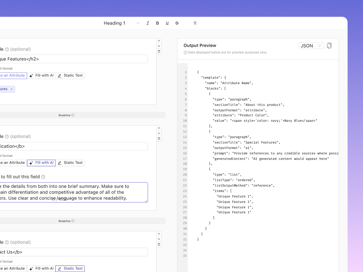 JSON Output Configuration for Product Attributes b2b configuration design editor json rich text edit rtf saas settings text ui ux web
