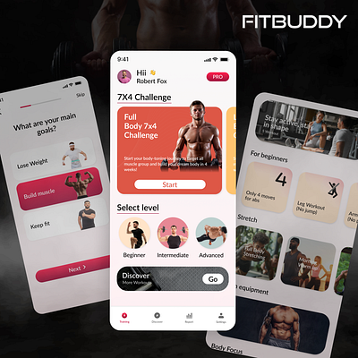 Fitbuddy GYM-Mobile App UI app branding clean design exercise fitness graphic design gym gymapp illustration logo mobileapp morden motion graphics ui ux vector whitespace workout