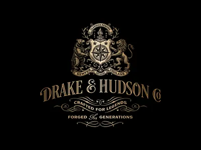 Drake & Hudson Co. bear logo brand identity branding coat of arms crest design graphic design hand drawn heraldy illustration lion logo logo logo design logo lockup sophisticated typeface typography victorian vintage vintage logo