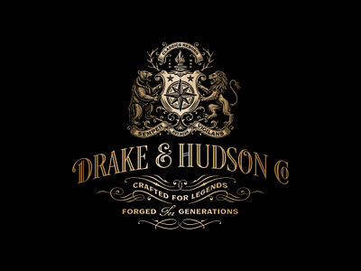 Drake & Hudson Co. bear logo brand identity branding coat of arms crest design graphic design hand drawn heraldy illustration lion logo logo logo design logo lockup sophisticated typeface typography victorian vintage vintage logo