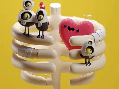 Birds, heart and ribs (Collab piece) 3d animation b3d birds blender bones heart illustration motion ribs