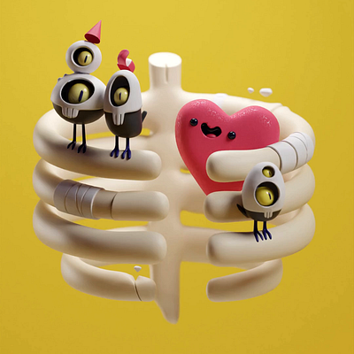 Birds, heart and ribs (Collab piece) 3d animation b3d birds blender bones heart illustration motion ribs