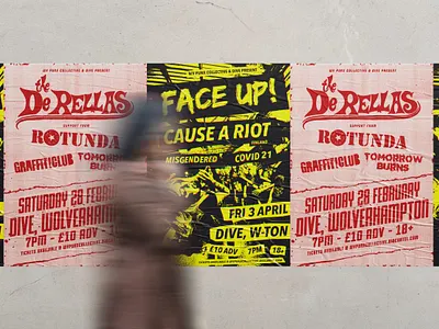 The De Rellas & Face Up! Gig Posters badge band branding design gig gig poster graphic design identity illustration logo logo design punk rock show typography