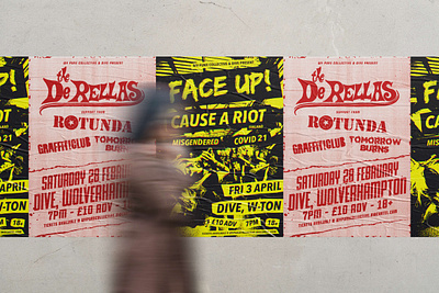 The De Rellas & Face Up! Gig Posters badge band branding design gig gig poster graphic design identity illustration logo logo design punk rock show typography