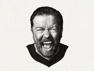 Portrait illustration - Ricky Gervais branding comedy custom design engraving etching graphic design hand drawn illustration logo portrait portrait illustration