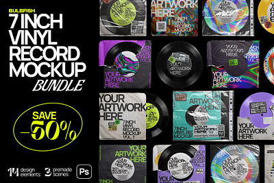 7 Inch Vinyl Record - Mockups Bundle authentic highlights hip hop instagram social jacket light leaks logo long play package paper plastic wrap player sound scratches sleeve vintage vinyl disc