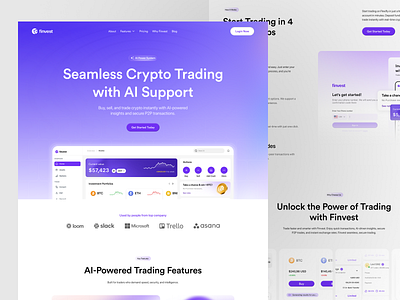 Finvest – Crypto Trading Landing Page with AI Support analytics artificial intelegence crypto crypto landing page cryptocurrency fintech fintech landingpage landing page landing page ui landingpage design minimal product design saas trading ui ux design webdesign website website design website ui