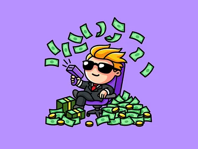 Rich Character with Money Gun bill billionaire bitcoin cash character design cool crypto cute mascot dollar gaming illustration mascot logo millionaire money money gun rich streamer twitchcon wealthy